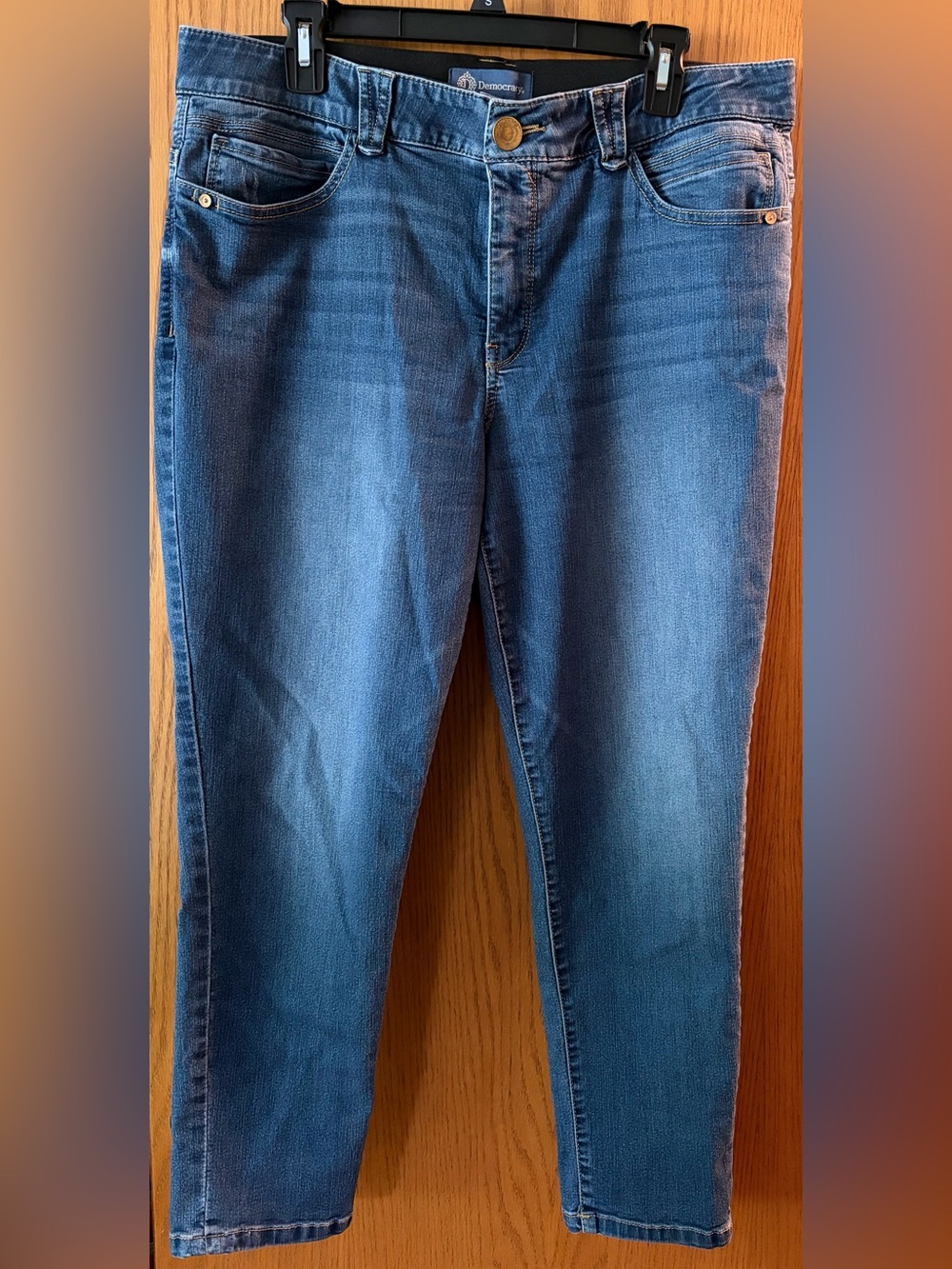 Democracy Stretch Denim Jeans with Brass Button and Minimal Distressing